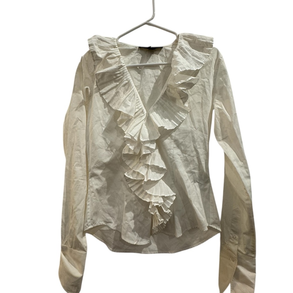 Ralph Lauren Ruffled Bib Collar Tan Cream Blouse